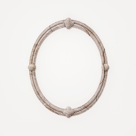 Old cracked wooden contemporary oval picture frame on white background, 3d renderedの写真素材