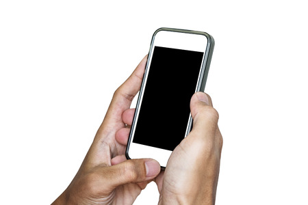 Hand using mobile phone, isolated on white backgroundの写真素材