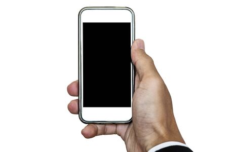 Mobile phone in hand, with copy space on screen, isolated on white backgroundの写真素材