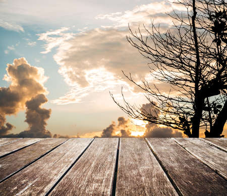 Wooden terrace with beautiful sky in sunset with silhouette tree branches