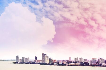 Colorful clouds and sky with city view from high angle, of Pattaya city in Thailandの写真素材