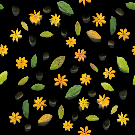 Seamless, yellow flowers and white pebbles stones, on black backgroundの写真素材