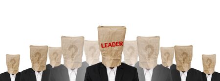 Group of businessman suit with brown paper bag on headの写真素材