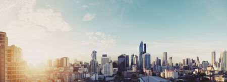 Panoramic cityscape of Bangkok city in sunrise, vintage toneの写真素材