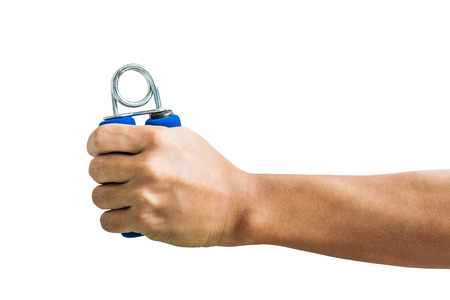 Close-up a man hand exercise by using hand gripper, isolated on white backgroundの写真素材