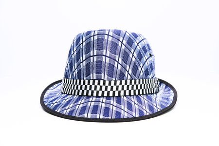 Vintage, felt trilby/fedora hat with plaid blue pattern on a white background.の写真素材