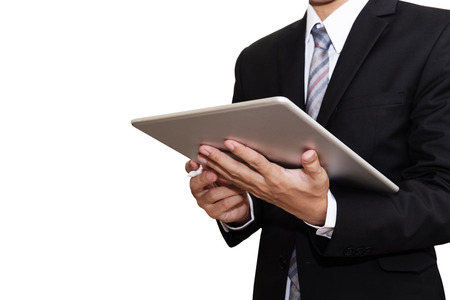 Asian Businessman Working on Digital Tablet, isolated on white backgroundの写真素材