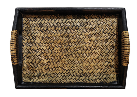 Wooden with weave rattan tray, isolated on white backgroundの写真素材