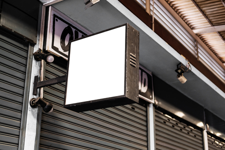 Blank white mock up of street store square vintage signboardの写真素材