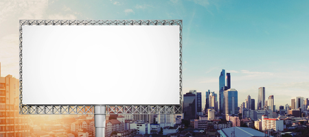 Blank billboard for advertisement at Bangkok city in sunriseの写真素材
