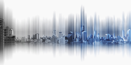 Blue panoramic city with motion graphic, technology city connectionの写真素材