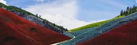Panoramic colorful hills with riverの写真素材