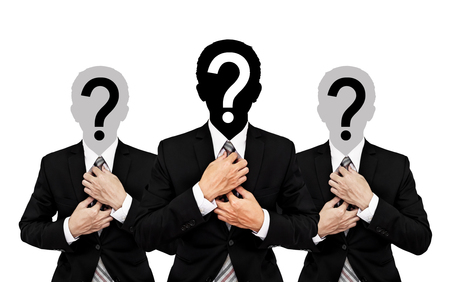 Three businessman with question mark on head, isolated on white backgroundの写真素材
