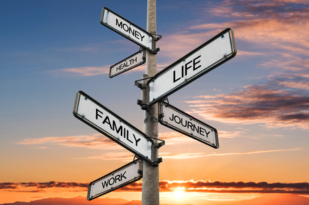Life balance choices signpost, with sunrise sky backgroundsの写真素材