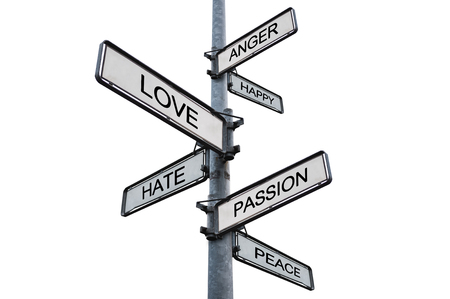 Human feelings and emotions on sign post, isolated on white backgroundの写真素材