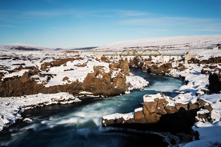 Godafoss waterfall's river in winterの写真素材