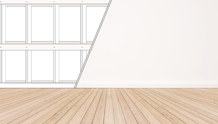 Interior living space, with double exposure construction lines. wood floor with white wallの写真素材