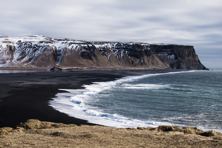 Iceland landscape, popular landmark Black Sand Beach in Vik, Icelandの写真素材