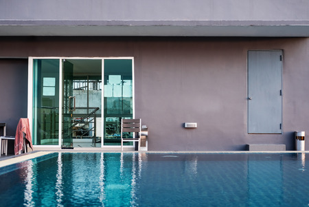 Condominium public area, swimming pool on deckの写真素材
