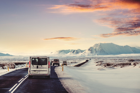 Landscaped, road trip on the country road in sunriseの写真素材