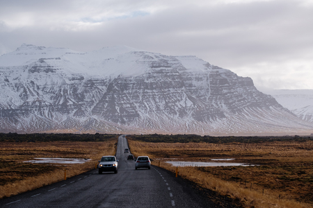 Country Road Landscaped, road trip on the highway in Icelandの写真素材