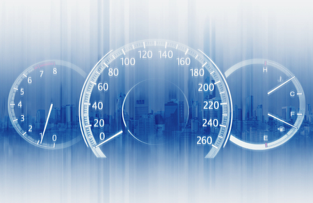 Double exposure Speedometer with Futuristic Speed Motion Backgroundの写真素材