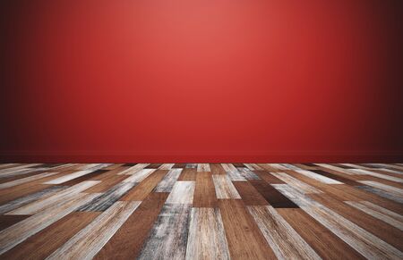 Wood floor with red wall, empty room for backgroundの写真素材