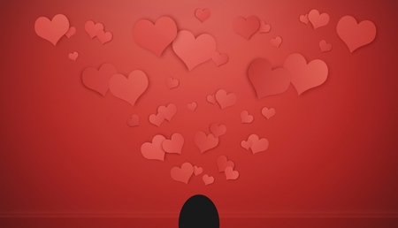 Valentines background, Hearts floating on red wall with mouse holeの写真素材