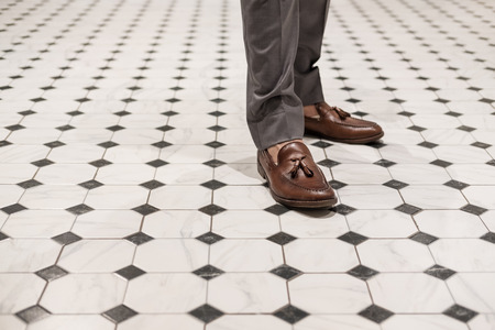 Close-up a man wearing brown leather shoes, classic styleの写真素材