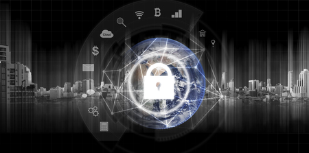 Global network security system technology. Globe and network connection and lock with applications icon.の写真素材