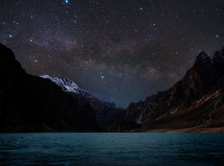 Night Landscape, Silhouette mountain with water on lake and sky full of star with milky wayの写真素材