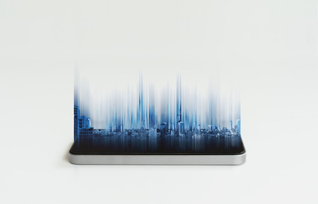 Mobile smart phone and buildings hologram technology, on white background. Mobile phone and communication technologyの写真素材