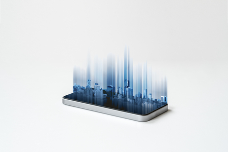 Mobile smart phone and buildings hologram technology, on white background. Mobile phone and communication technologyの写真素材