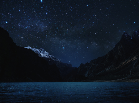Night Landscape, Silhouette mountain with water on lake and sky full of star with milky wayの写真素材