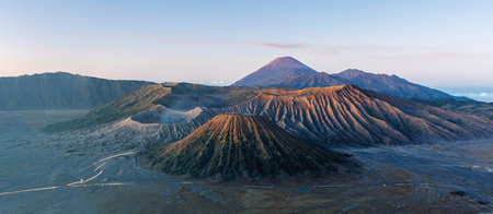 Panoramic Mount Bromo volcanic, famous travel destination and tourist attraction in Indonesia in morningの写真素材