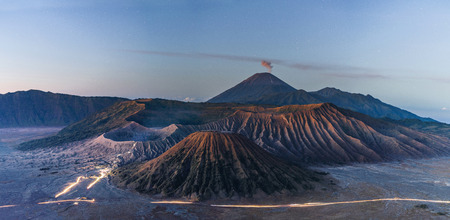 Panoramic Mount Bromo volcanic, famous travel destination and tourist attraction in Indonesiaの写真素材