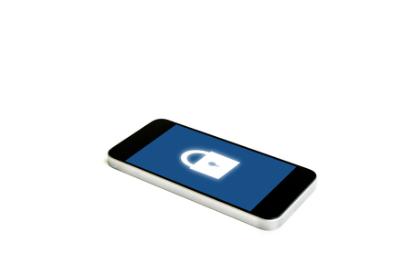 Mobile smart phone with lock icon on screen, isolated on white background. Internet safety and mobile security system technologyの写真素材