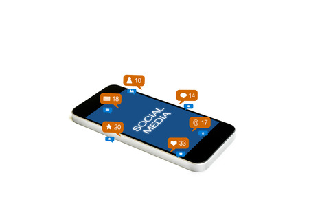Mobile smart phone, with social media notification icons, isolated on white backgroundの写真素材