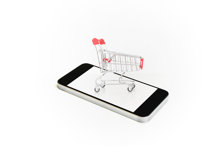 Empty shopping cart on mobile smart phone, isolated on white background. Online shoppingの写真素材