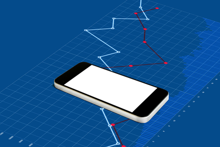 Mobile smart phone, empty white screen on blue raising graph backgroundの写真素材