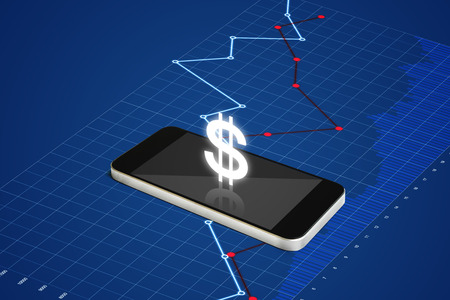 Making money on mobile phone, digital currency and electronic online banking concept. Mobile smart phone with currency sign and raising graph backgroundの写真素材