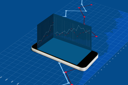 Mobile smart phone with empty blue screen and raising graph background. Making money on mobile phone, online stock marketの写真素材