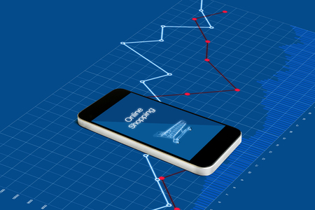 Online shopping and investment in online retail shop business. Mobile smart phone with raising graph backgroundの写真素材