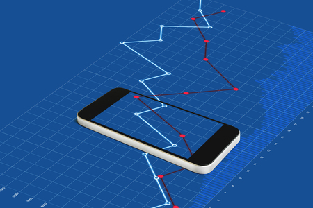 Mobile smart phone and blue raising graph backgroundの写真素材