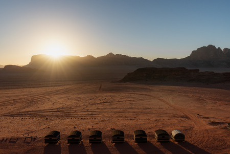 Desert landscape, Wadi Rum desert in Jordan at sunrise. Bedouin camp siteの写真素材