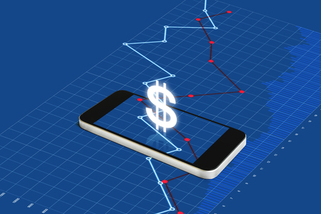 Digital currency and electronic online banking. Mobile smart phone with currency sign and raising graphの写真素材