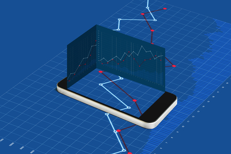 Mobile smart phone and blue raising graph backgroundの写真素材