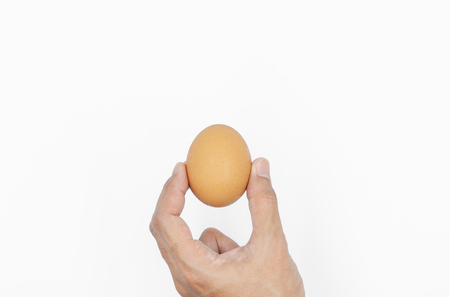 Hand holding egg, isolated on white backgroundの写真素材