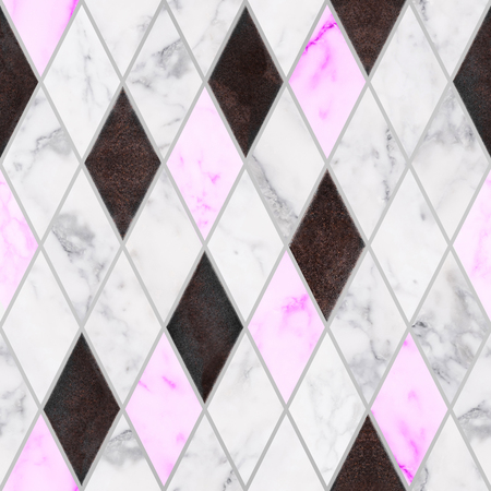 Seamless white and pink marble stone with rusty metal texture in rhombus pattern. Luxury marble stone decorationsの写真素材