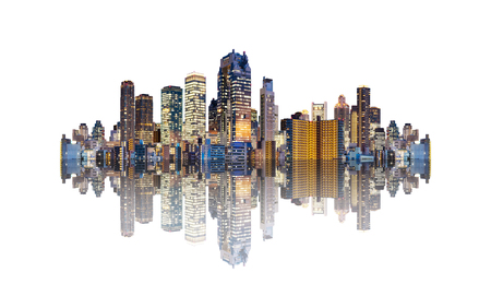 Futuristic modern buildings with reflection, isolated on white backgroundの写真素材
